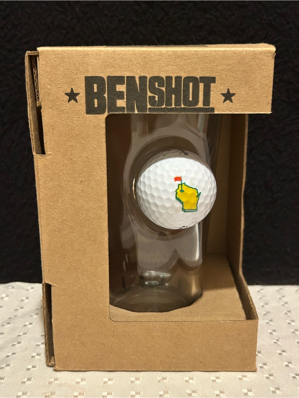 NIB BenShot Golfball Pint Glass Made in the USA 16 OZ Northern WI Golf Course